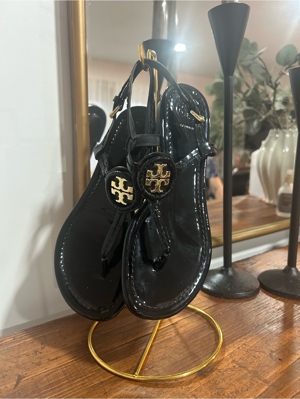 Tory Burch Black Patent Thong Sandals with Gold Logo Medallions